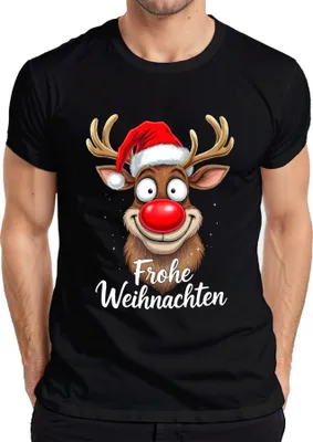 Produktbild von Frohe Weihnachten Lustiges Rentier Rudolf Weihnachtsmütze Cartoon Herren T-Shirt, Schwarz, L