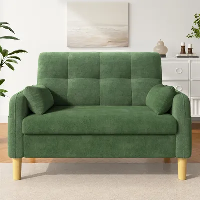 Immagine prodotto di Divano a due posti Merax, moderno divano imbottito con 2 cuscini e tasca laterale, piccolo divano per soggiorno, camera da letto, appartamento, in tessuto chenille, colore verde