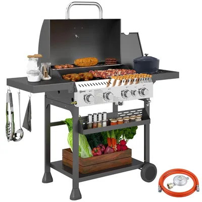 Obrázok produktu pre Plynový gril, 4 horáky + bočný horák | Farba: čierna, strieborná | Rozmery: 135 x 55 x 103 cm