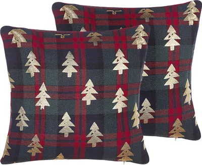 Produktbild von BELIANI Dekokissen Rot Grün kariert Polyester 2er Set 45 x 45 cm Tannenmotiv Weihnachten Christmas
