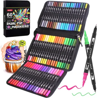 Produktbild von Farbstifte Set 60, Aquarell Stifte, Doppelspitze 2mm und 0.4mm, zum Zeichnen und Kreativkunst