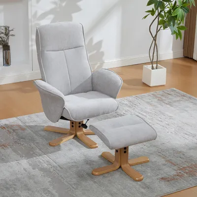 Produktbild von okwish multifunktionaler Drehsessel Relaxsessel mit Hocker und Armlehnen moderner Lesesessel Massivholzsockel mit Metallstütze Chenille-Stoff Geeignet für kleine Wohnungen Grau