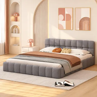 Image de INONEFT, lit double capitonné 140x190 cm, lit plateforme sans pieds, lit pour adolescents avec tête de lit rembourrée, structure de lit double avec sommier à lattes, couleur : gris lin