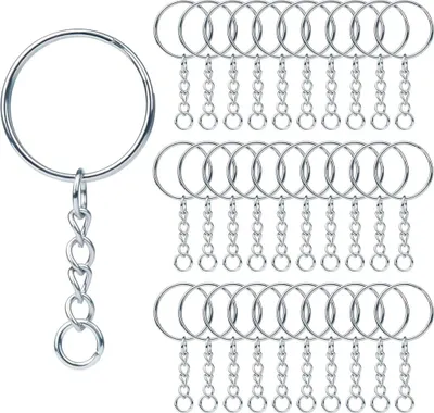 Produktbild von 60 Stück Schlüsselanhänger Ringe Schlüsselringe mit Kette Spaltring DIY Schlüsselring Ring Bastel Set Schlüsselanhänger zum Basteln für Bastelarbeiten Schmuckherstellung (Silber, 25mm)