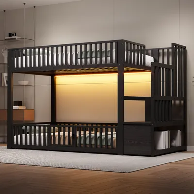 Produktbild von MODFU Doppelbett 90x200 Stockbett mit Sicherheitsgeländer Jugendbett mit Stauraumleiter und LED Beleuchtung ohne Matratze Schwarz