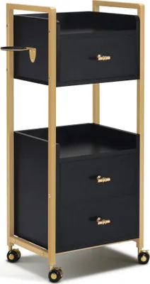 A black and gold rolling cart with drawers.