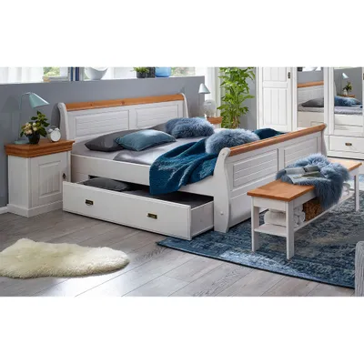Produktbild von 180x200 cm Bettgestell mit Bettkästen, Nachtkonsolen und Bettbank SAVONA-69 in Kiefer massiv weiß mit honig