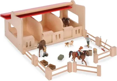 Produktbild von Pferdestall Spielzeug aus Birke/Buche, L 55x34x27 cm, mit Griff, aufklappbarem Dach, 7 Zaunelementen und 3 Boxen