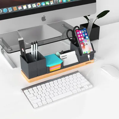 Produktbild von Büro-Organizer Tischorganizer Holz verstellbarer Stifthalter Telefonständer grau - Platzsparender Schreibtisch mit Büro und Organizer. Büro-Organizer