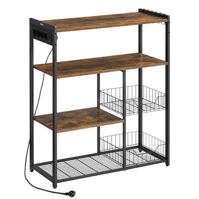 A kitchen shelf unit with wooden shelves and black metal frame, featuring integrated power outlets and wire baskets.