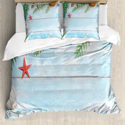 Produktbild von ABAKUHAUS Muscheln Bettbezug, Fisch Seashell Maritime, Milbensicher Allergiker geeignet mit Kissenbezügen, 200 cm x 200 cm - 80 x 80 cm, Blassblau Grün Gelb