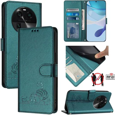 Produktbild von Leder Hülle für Oppo Find X6 Pro Süße Katze Flip Case Brieftasche Schutzhülle mit Standfunktion Grün