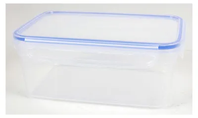 A clear plastic food storage container with a blue lid is shown against a white background.