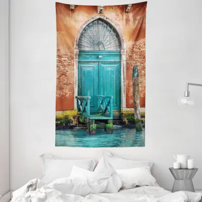Produktbild von ABAKUHAUS Venedig Wandteppich und Tagesdecke, Gebäudetür aus Weiches Mikrofaser Stoff Waschbar ohne Verblassen Digitaldruck, 140 x 230 cm, Zimt Sky Blue