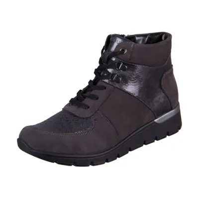A single brown and black women's boot is shown against a white background.