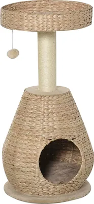 A cat tree with a perch, scratching post, and a hideaway.