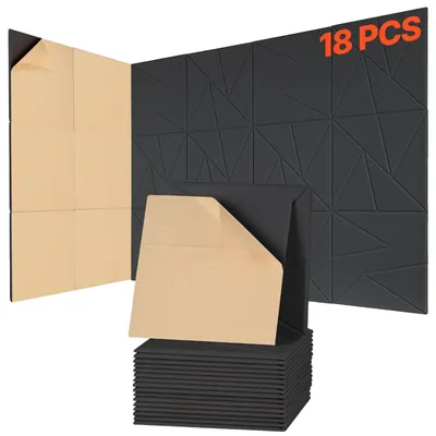 Obrázek produktu pro VEVOR 18 balení akustických panelů se samolepicí páskou, zvukově izolační pěnové panely 300x300x10 mm, akustické stěnové panely z polyesterových vláken, pro domácnost, studio, kancelář, divadlo, černá barva