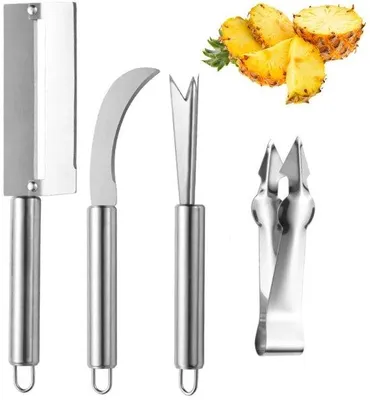 Productafbeelding van Ibenzoa® 4-delige set fruit- en groenteschillers, gemaakt van roestvrij staal 430, zilver, 20 x 1,8 cm – inclusief: schiller voor het verwijderen van pitjes, snijclip, ananasschiller en universele schiller