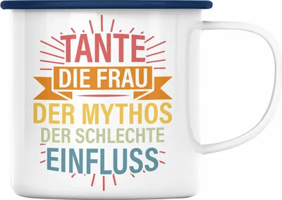 Produktbild von Trendation - Tante Frau Mythos Schlechter Einfluss Geschenk Emaille Tasse Geschenkidee Beste Tante Emaille Emaille Tasse Geschenk Lustig (Blau)