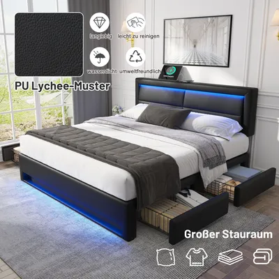 Immagine prodotto di OKWISH Letto matrimoniale 140x200 cm con contenitore - Letto imbottito inPoliuretanocon porte USB e caricatore wireless, illuminazione LED con telecomando - Nero