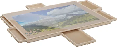 Produktbild von Relaxdays Puzzlebrett, mit 6 Schubladen, für Puzzle bis 1000 Teile, drehbar, aus Holz, Puzzlematte, Puzzleplateau, natur