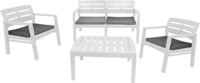 Produktbild von Outdoor-Lounge-Set Dgyas, Gartengarnitur mit 2 Sesseln, 1 Sofa und 1 Couchtisch, Innen- und Außensitzgruppe mit Kissen, 100 %  Italy, Weiß
