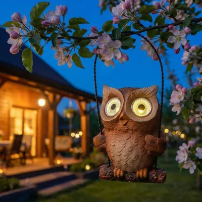 Produktbild von LED Solar Eule auf Schaukel - Gartenfigur mit leuchtenden Augen - H: 19cm - Lichtsensor