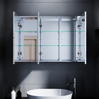 Produktbild von SONNI Edelstahl Spiegelschrank Bad mit LED Beleuchtung & Rasiersteckdose 90x65x13cm 3-türig Touch-Schalter
