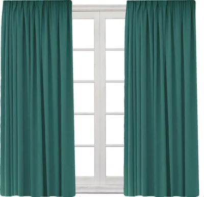 Two teal curtains are shown hanging on either side of a white window frame.