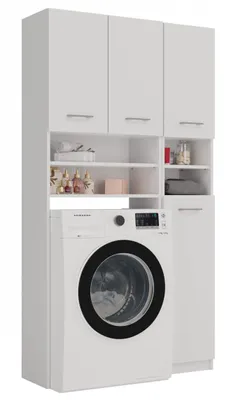 A white washing machine with storage cabinets above and to the side, filled with various household items.