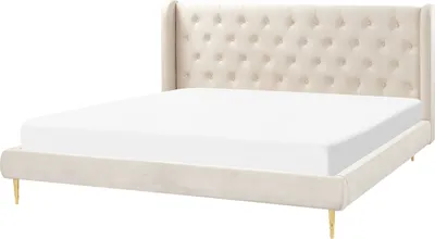 Produktbild von BELIANI Polsterbett Beige 180 x 200 cm Samtstoff mit Lattenrost mit Hohem Gestepptem Kopfteil Metallbeine in Gold Elegant Retro