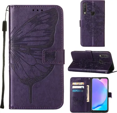 Produktbild von vivo Y17 Hülle, Schmetterling Prägung Flip Leder Kartenfächer Schutzhülle Ledertasche mit Ständer für vivo Y17 / Y15 / Y12 / U10 / Y11 / Y3 Lila