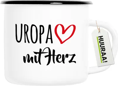 Produktbild von Huuraa Emaille Tasse Uropa mit Herz 300ml Vintage Campingbecher Geschenkidee