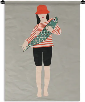 Produktbild von MuchoWow® Wandteppich Wandbehang Frau - Fisch - Jahrgang 90x120 cm Tapisserie Dekoration Wandtuch - Wanddeko