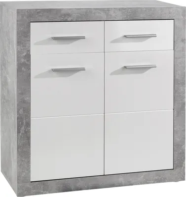 Produktbild von Kommode - Betondekor - Weiß Hochglanz - B 82 cm - 2 Türen - 2 Schubladen