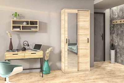 Produktbild von Garderobenschrank Vanessa I 90 cm Garderobe Schrank Spiegel Schlafzimmer Jugendzimmer (Farbe: sonoma)