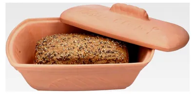Produktbild von Terrakotta Brottopf I (LxB) 33x22,5cm I Ton-Brotkasten mit Deckel für die Küche I rechteckige Aufbewahrungsbox mit Relief & Schriftzug für Toast & Brötchen