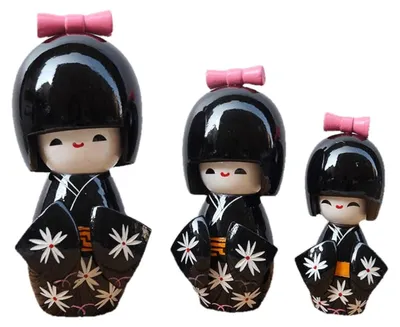 Kokeshi-Puppen-Set, 3er-Pack, Holz, Kimono, Schwarz, 12/10/9 cm