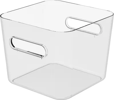 A clear plastic storage box with handles.