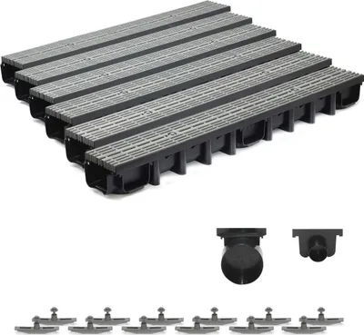 Produktbild von 6m Entwässerungsrinne für modulares System A15 98mm, komplett Stegrost Kunststoff, Grau Line