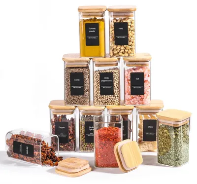 Immagine prodotto di Omgoods - Set di 12 barattoli in vetro per erbe aromatiche con coperchio in bambù