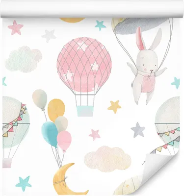 Obrázok produktu pre 10m VLIES WALLPAPER rolka detská izba zajačikovia balóny mesiace hviezdy XXL