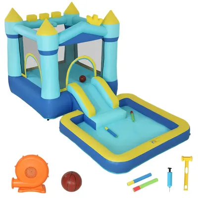 Immagine prodotto di Castello gonfiabile con scivolo, piscina di palline e canestro | Colore: Blu | Dimensioni: 173x364x182 cm