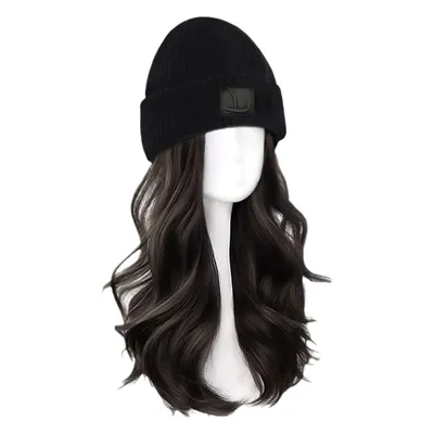 Produktbild von Warm Beanie Hut Perücke Lockige Wellige Haarverlängerung, Schwarz