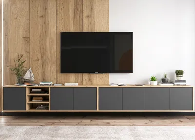 Obrázok produktu pre 2 ks Závesná RTV skrinka - Apollo + Apollo2 - Závesné TV skrinky - Loft style, Nábytok Lindner - 300 cm, Farba: dub Wotan matný - grafit matný