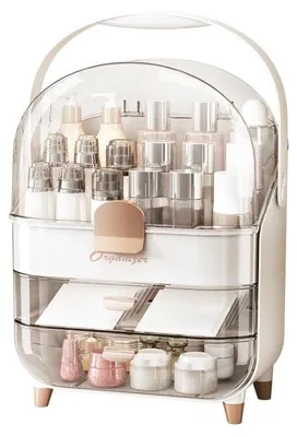 Make-up Organizer mit Tragegriff, Schubladen, Deckel, weiß, 26,5x18,2x34,5 cm