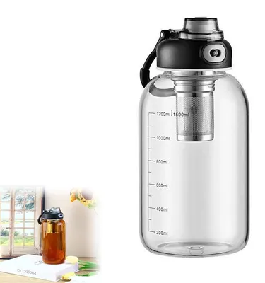 Produktbild von 1500ml Trinkflasche mit Teesieb und Tragetasche, BPA-frei, auslaufsicher, hitzebeständig bis 120°C, Messskala, Einhandöffnung