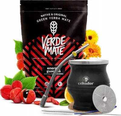 Produktbild von Verde Mate - Mate Tee Set Energía Guaraná 500g - Mate Becher TermoColador Schwarz 350ml - Dicke Blätter 5mm - Starker Wachmacher - Mit Sieb, Bombilla