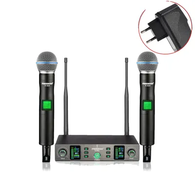 Obrázok produktu pre Bezdrôtový mikrofónový systém pre karaoke, UHF duálne ručné mikrofóny, dosah viac ako 40 m, zástrčka EÚ