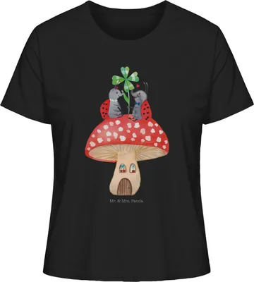 Produktbild von Mr. & Mrs. Panda Oberteil Damen Marienkäfer Fliegenpilz Größe M - Schwarz - Geschenk, Fleigenpilzhaus, Wohnung, Baumwoll T-Shirt, Shirt, Zuhause, Haus, Lustige Sprüche